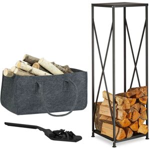 3-piece Fireplace Set, Foldable Firewood Bag, Log Rack, Coal Shovel, Felt, Steel, Powder Coated, Black/Grey - Relaxdays