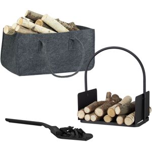 3-piece Fireplace Set, Foldable Firewood Bag, Log Rack, Coal Shovel, Felt, Steel, Powder Coated, Black/Grey - Relaxdays