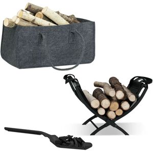3-piece Fireplace Set, Foldable Firewood Bag, Firewood Log Rack, Coal Shovel, Felt, Steel, Black/Anthracite - Relaxdays