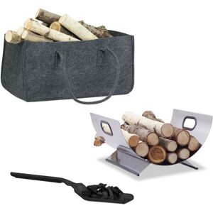 Relaxdays 3-piece Fireplace Set, Foldable Firewood Bag, Log Storage Rack, Coal Shovel, Felt, Steel, Silver/Black/Grey