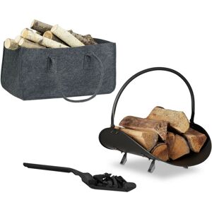 3-piece Fireplace Set, Foldable Firewood Bag, Felt, Log Storage Rack, Coal Shovel, Steel, Black/Anthracite - Relaxdays