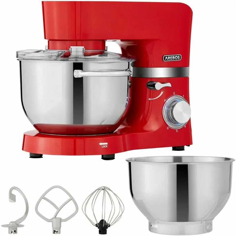 AREBOS Food Processor 1500 W Red Kneading Machine with 2 x Stainless Steel Mixing Bowls Low Noise Kitchen Mixer with Mixing Hook, Dough Hook, Whisk