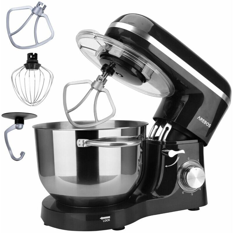 Arebos - Stand Mixer 1500 w with 6 l stainless steel mixing bowl, incl. whisk, dough hook, flat beater and splash guard, 6 speed settings and pulse