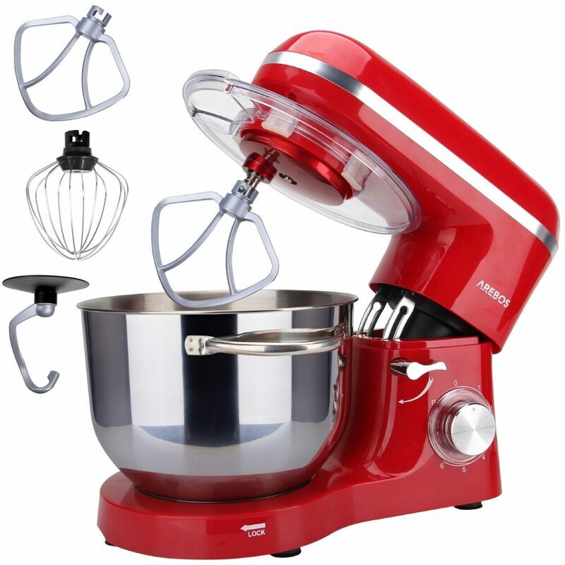 Arebos - Food Processor 1500W with 6L Stainless Steel Mixing Bowl Red incl. Mixing Hook, Dough Hook, Whisk Splash Guard 6 Speeds Kneading Machine