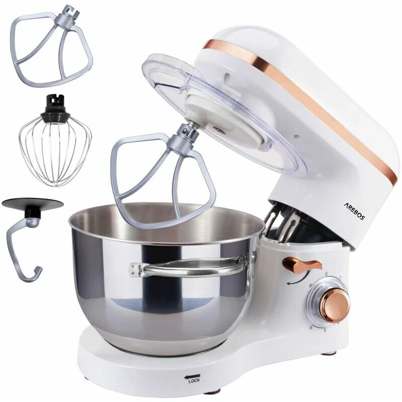 Arebos - Stand Mixer 1500W with 6L stainless steel mixing bowl white rose gold incl. mixing hook, dough hook, whisk splash guard 6 speeds kneading