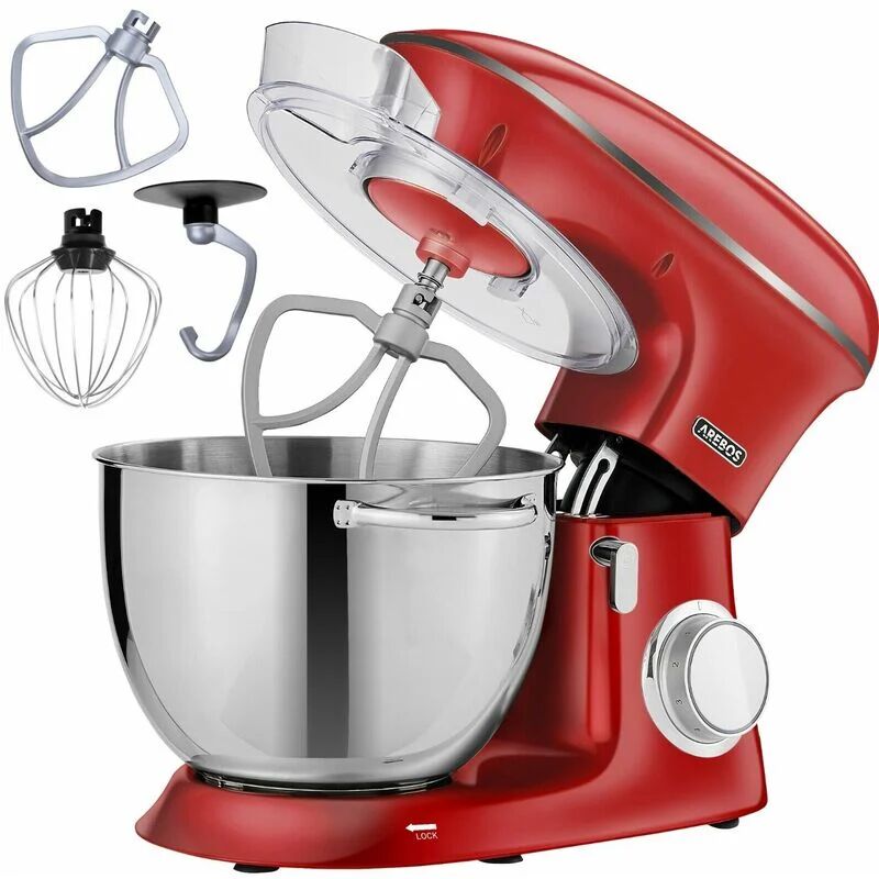 Arebos - Kitchen Machine 1500W Mixer with 8L Stainless Steel Mixing Bowl Low Noise Kitchen Mixer with Mixing Hook, Dough Hook, Whisk and Splash Guard