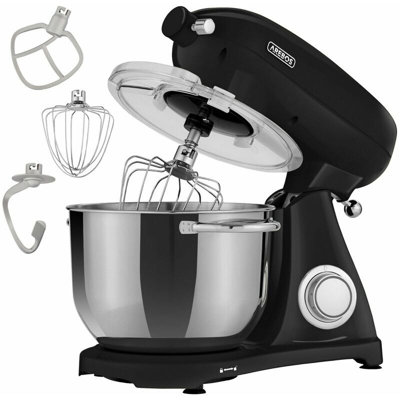 Arebos - Retro Food Processor 1800 w Black Kneading Machine with 6 l Stainless Steel Mixing Bowl Low Noise Kitchen Mixer with Stirring Hook, Dough