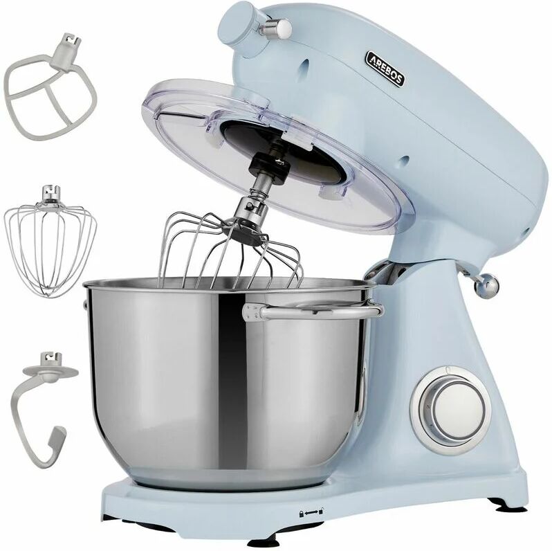 Arebos - Retro Food Processor 1800W Blue Mixer with 6L Stainless Steel Mixing Bowl Silent Kitchen Mixer with Mixing Hook, Dough Hook, Whisk and