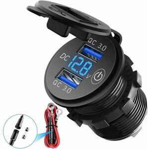 Cyslmuk - Dual USB/QC3.0 Motorcycle Car Charger - Waterproof - 12V/24V/36W - with led Digital Voltmeter and Switch (Blue)
