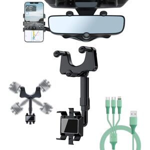 ZVD - Phone Holder Car Rearview Mirror Mount with 1 Data Cable, 360 Degree Multifunction Retractable Rotatable
