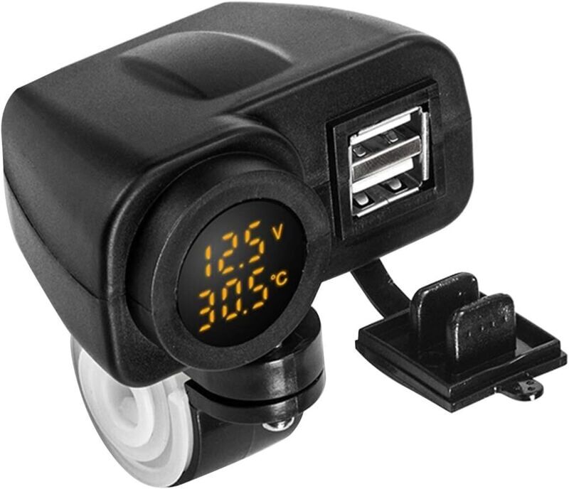 TINOR 12V Motorcycle Dual usb Charger, 5V 2.1A Charger Socket 2 Port Waterproof Socket Voltmeter for Motorcycle Cell Phones,Yellow