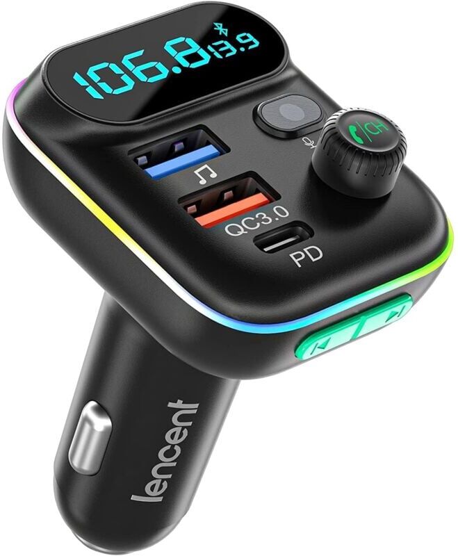 GOTRAYS Bluetooth FM Transmitter Car, Cigarette Lighter Bluetooth 5.0 Radio Transmitter, PD Type C+ QC3.0 Fast Car Charger, Hands-Free Calling, Bass MP3
