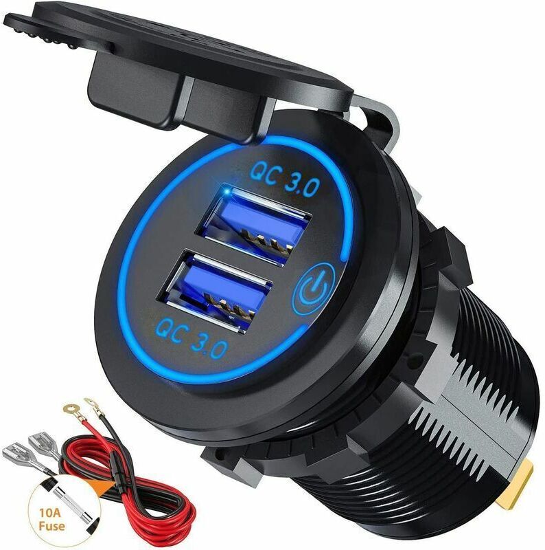 GOTRAYS Quick Charge 3.0 usb Car Charger Socket Fast Charger Adapter with Switch 12V/24V 30W Dual QC3.0 usb for Marine, Boat, Motorcycle, Truck