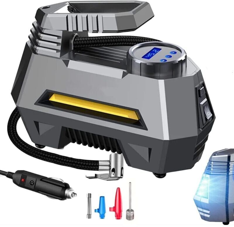 Ikodm - Tire Inflator Pump Air Compressor with lcd Digital Pressure Gauge, Portable Car Air Compressor with led Light and Cigarette Lighter Charging