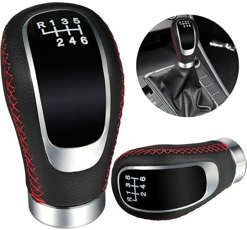 GOTRAYS Universal Car Interior Accessory Leather Gear Shift Knob 6 Speed with 3 Adapters 8mm 10mm 12mm Black Red for Most Vehicles