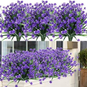 Aougo - 8 Bundles Outdoor Artificial Fake Flowers uv Resistant Shrubs Plants, Faux Plastic Greenery for Indoor Outside Hanging Plants Garden Porch