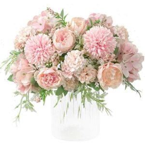 AlwaysH Artificial Flowers, Fake Peony Bouquet Silk Hydrangea Decor Plastic Carnations Realistic Flower Arrangements Wedding Decoration Centerpieces