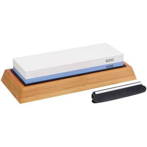 TINOR Basics Wet Whetstone - Double Sided, 1000/6000 Grit - Non-Slip Bamboo Base,Fisherman