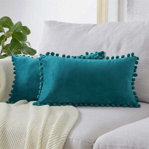 PESCE Decorative Lumbar Throw Pillow Covers 12 x 20 Inch Soft Particles Velvet Solid Cushion Covers with Pom-poms for Couch Bedroom Car , Pack of 2-12'x20'
