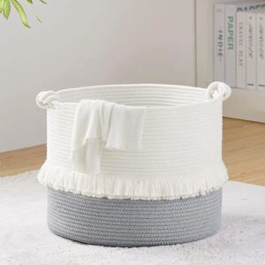 Héloise - Medium Woven Rope Storage Basket, Bohemian Laundry Basket for Kids Room, Decorative Fringe Basket with Knot Handles, White and Gray,