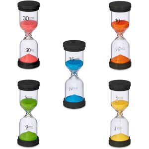 5x Sand Timer, Hourglass, Productivity Clock, 5 Different Times, HxW: 16x5.5cm, Children, Plastic, Colourful - Relaxdays