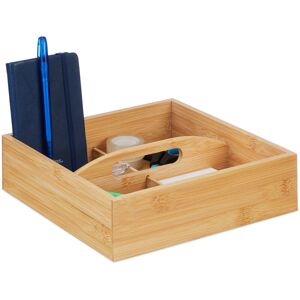 Relaxdays - Bamboo Organiser, with Handle, 4 Compartments, HxWxD: 6.5 x 25 x 25 cm, Storage Box Office, Bathroom & Kitchen