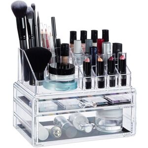 Relaxdays - Cosmetic Organiser with 2 Drawers, Makeup Kit for Lipstick, Nail Polish, Acrylic Jewellery Stand, Transparent