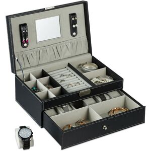 Jewellery Organiser, Large Case with Drawer, Ring & Watch Holder, hwd 13.5 x 31.5 x 20 cm, Faux Leather, Black - Relaxdays