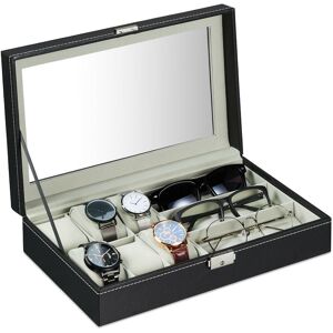 Jewellery Organiser, Lid with Window, for 3 Pairs of Glasses & 6 Watches, 8 x 33 x 20 cm, Leather Look, Black - Relaxdays