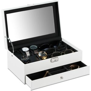 Jewellery Organiser, with Window & Drawer, for Glasses & Watches, hwd: 13 x 33 x 20.5 cm, Leather Look, White - Relaxdays