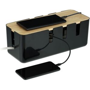 Relaxdays - Cable Box, for 2 Socket Strips, Wooden Lid, Plastic, Hide, Organise Desk, HxWxD: 11.5 x 30.5 x 12.5 cm, Black