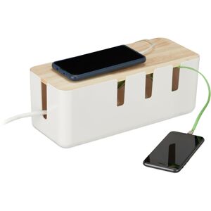 Relaxdays - Cable Box, for 2 Socket Strips, Wooden Lid, Plastic, Hide, Organise Desk, HxWxD: 11.5 x 30.5 x 12.5 cm, White