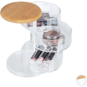 Relaxdays - Make Up Organiser, 3 Rotating Levels, for Cosmetics & Jewellery, Make-up Storage Box, Bamboo, Plastic, Clear