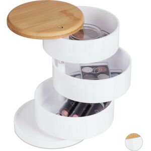 Relaxdays - Make Up Organiser, 3 Rotating Levels, for Cosmetics & Jewellery, Make-up Storage Box, Bamboo, Plastic, White