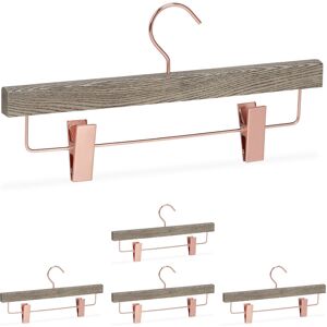 Relaxdays - Trouser Hanger, Set of 5, Clip, For Skirts, Trousers, Wardrobe Storage, Organise, Grain Wood, Grey & Rose Gold