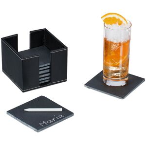 Relaxdays - Slate Coaster, Set of 8, with PU-leather Box, Drink Holder, 10 x 10 cm, Household Decor, for Glass, Anthracite