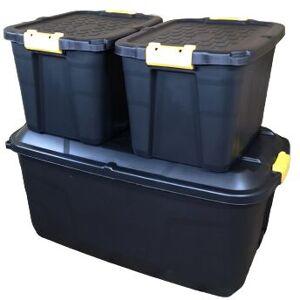 SAMUEL ALEXANDER 1 x 145L AND 2 x 60L Heavy Duty Trunks 1 on Wheels Sturdy, Lockable, Stackable and Nestable Design Storage Chest with Clips in Black