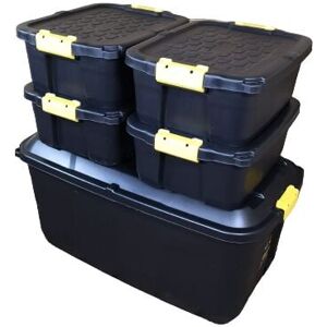 SAMUEL ALEXANDER 1 x 145L AND 4 x 24L Heavy Duty Trunks 1 on Wheels Sturdy, Lockable, Stackable and Nestable Design Storage Chest with Clips in Black