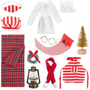 SJQKA 12 Pcs Christmas Sleeping Bag Set with Plaid Sleeping Bag, White Bathrobe, Glass, Apron, Shelf Kit for Elf Doll Decorations
