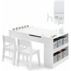 Costway - 2-in-1 Kids Art Table and Chairs Set Wooden Toddler Craft Easel Desk w/ Shelves