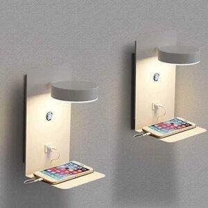 Ikodm - 2 Pack led Wall Light Indoor with usb Port 12W Tri-Color Dimmable with Switch, 330° Rotatable Bedside Lamp, White