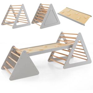 Costway - 3 in 1 Toddler Climbing Toy Set Wooden Climber Log Bridge Activity Center-Grey