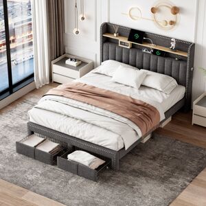 Abrihome - 4FT6 Double Upholstered Bed with 2 Storage Drawers, Riveted Storage Bed with Charging and Lighting, Linen Platform Bed Frame, Grey (No