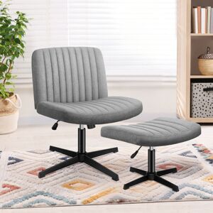 Elfordson - Cross Legged Office Chair with Ottoman, Wide Seat Armless Desk Chairs No Wheels Mid-back, Linen, Grey