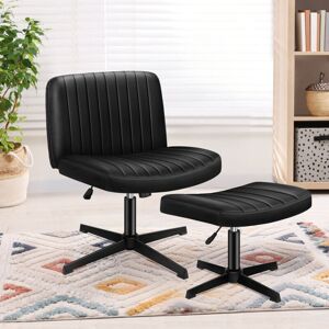Elfordson - Cross Legged Office Chair with Ottoman, Wide Seat Armless Desk Chairs No Wheels Mid-back, pu Leather, Black
