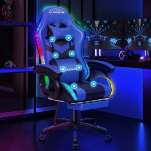 Elfordson - Gaming Office Chair with rgb led Light 8-Point Massage, Blue & Black