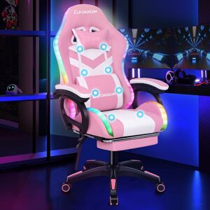 Elfordson - Gaming Office Chair with rgb led Light 8-Point Massage, Pink & White