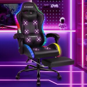 Elfordson - led Gaming Chair with 8-Point Massage, Ergonomic Computer Office Chairs, rgb Light, High Back, pu Leather, Black