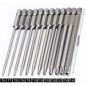 YMYNY Fliti Set of 11 long Torx bits for screwdrivers and electric screwdrivers - Magnetic bits - 1/4 inch hexagon shank - Sizes T6 to T40 - Length 100 mm