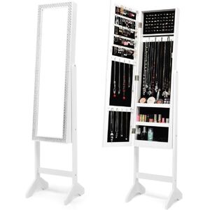 COSTWAY Freestanding Jewelry Cabinet Armoire Jewelry Organizer with Full-Length Mirror for Jewelry and Cosmetics Storage
